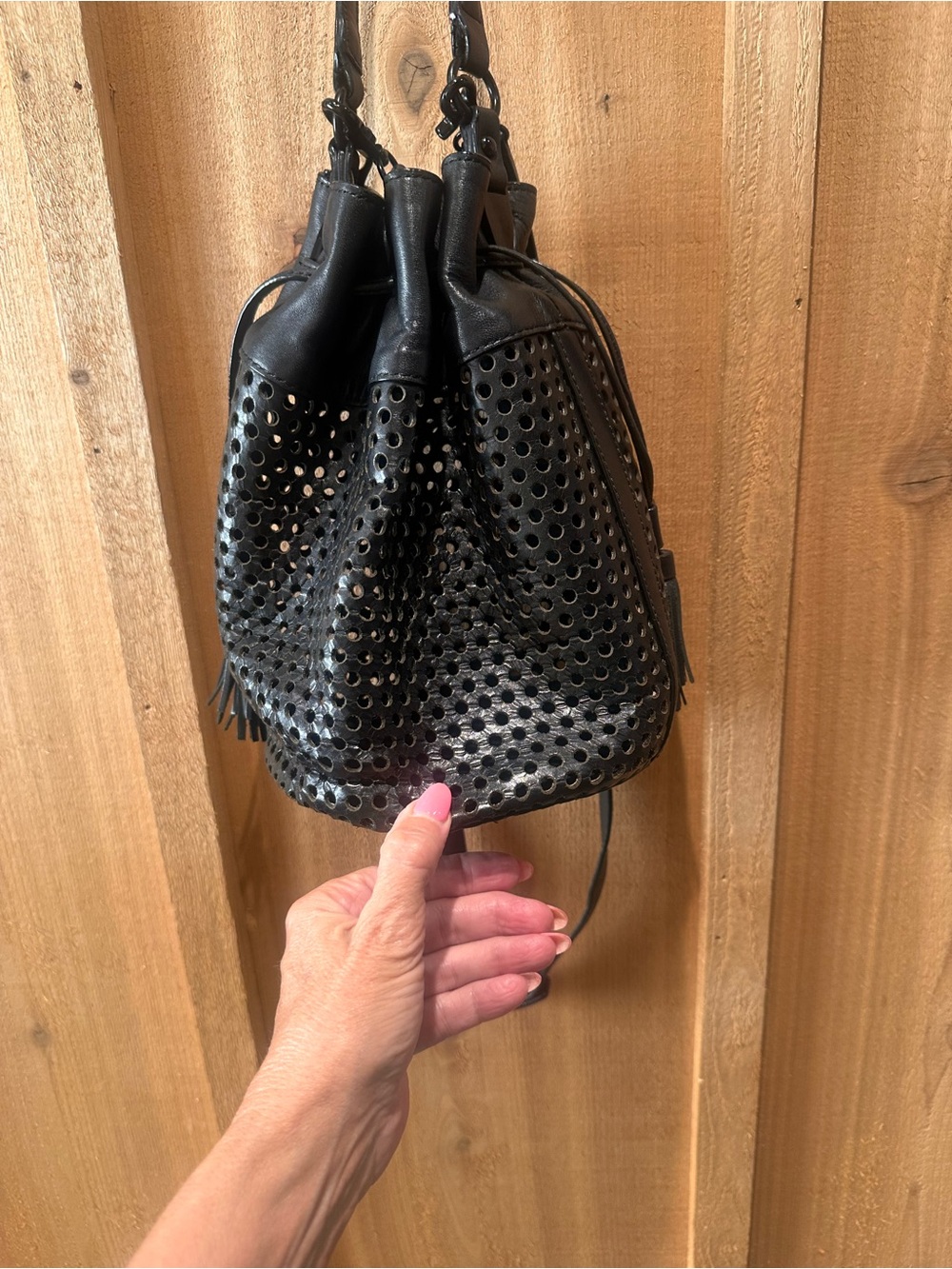 Loeffler Randall Industry Black Leather Perforated Drawstring Bucket Bag - Picture 3 of 12